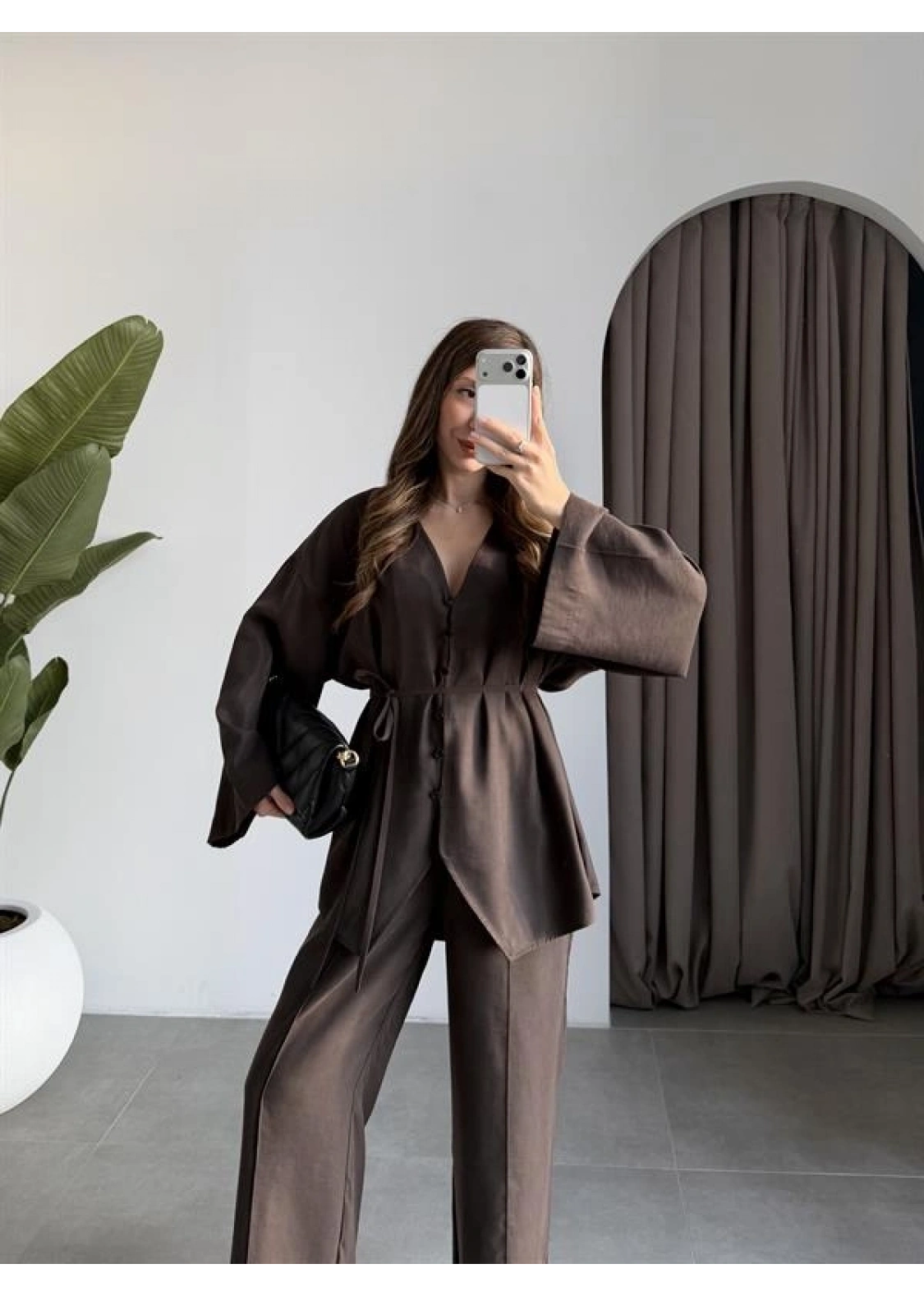 Deran Modal Kumaş Acı Kahve Kuşaklı Takım