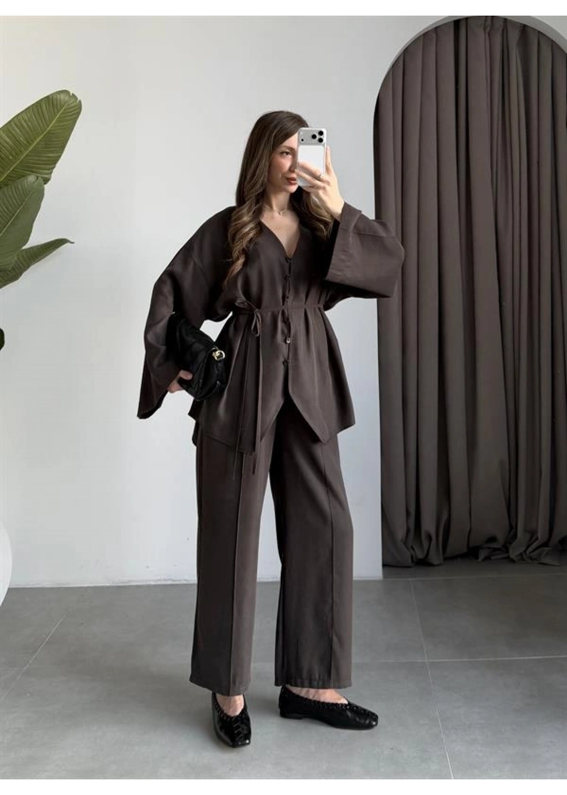 Deran Modal Kumaş Acı Kahve Kuşaklı Takım