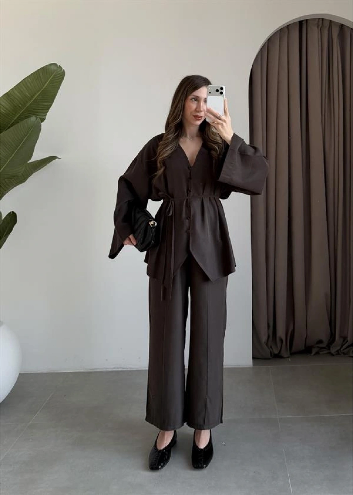 Deran Modal Kumaş Acı Kahve Kuşaklı Takım