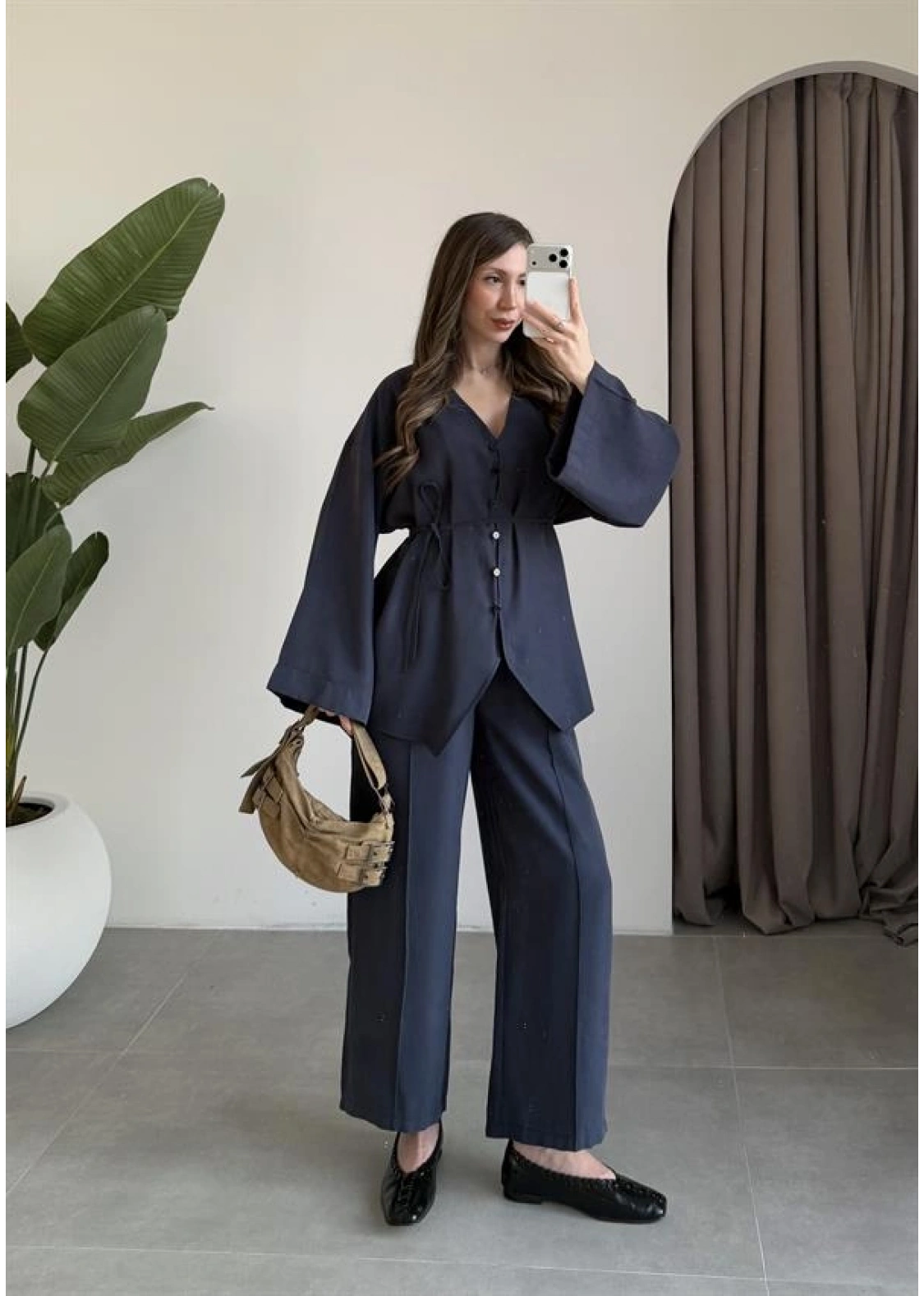 Deran Modal Kumaş Lacivert Kuşaklı Takım