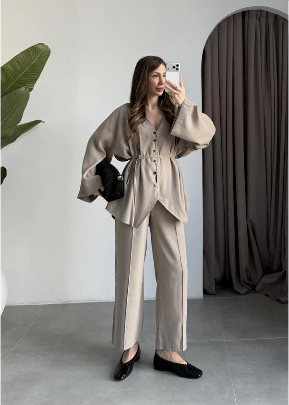 Deran Modal Kumaş Vizon Kuşaklı Takım