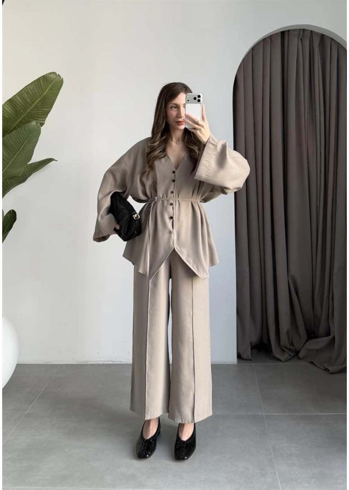 Deran Modal Kumaş Vizon Kuşaklı Takım