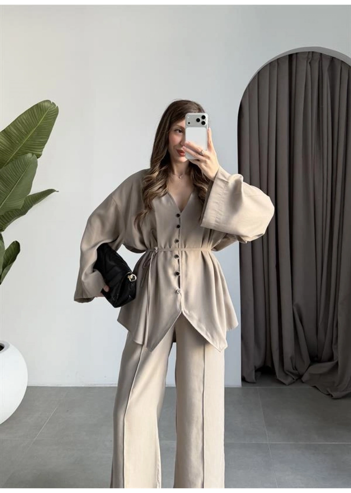 Deran Modal Kumaş Vizon Kuşaklı Takım