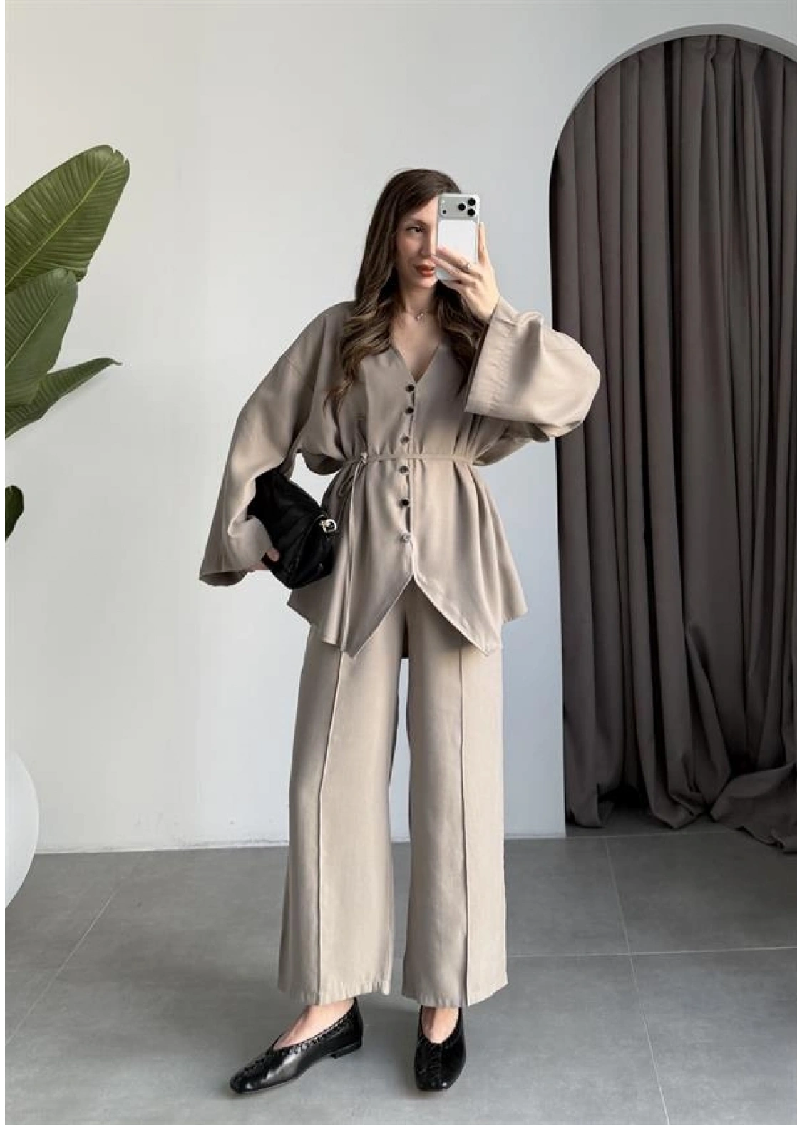 Deran Modal Kumaş Vizon Kuşaklı Takım