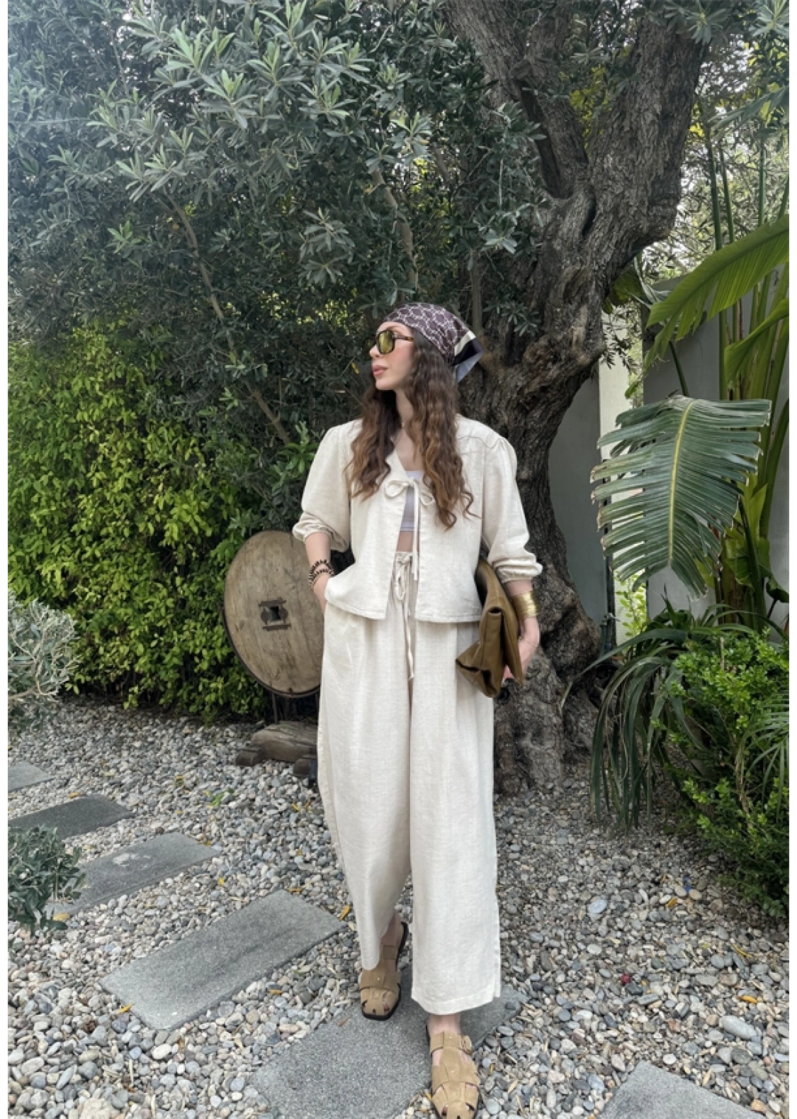 Diana Önü Bağlamalı Kısa Keten Taş Kimono Takım