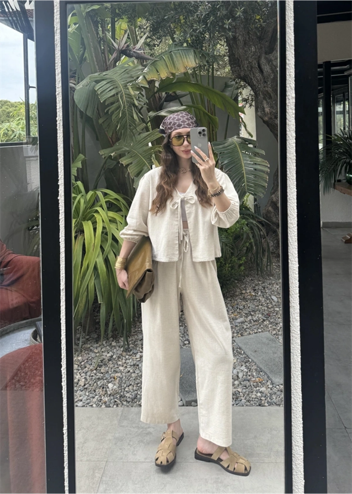 Diana Önü Bağlamalı Kısa Keten Taş Kimono Takım