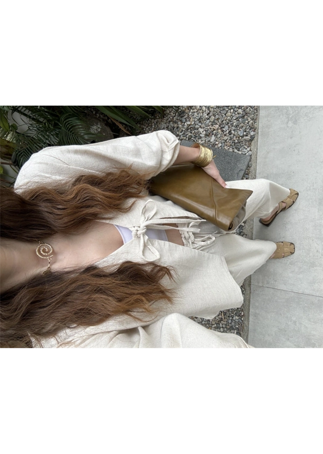 Diana Önü Bağlamalı Kısa Keten Taş Kimono Takım