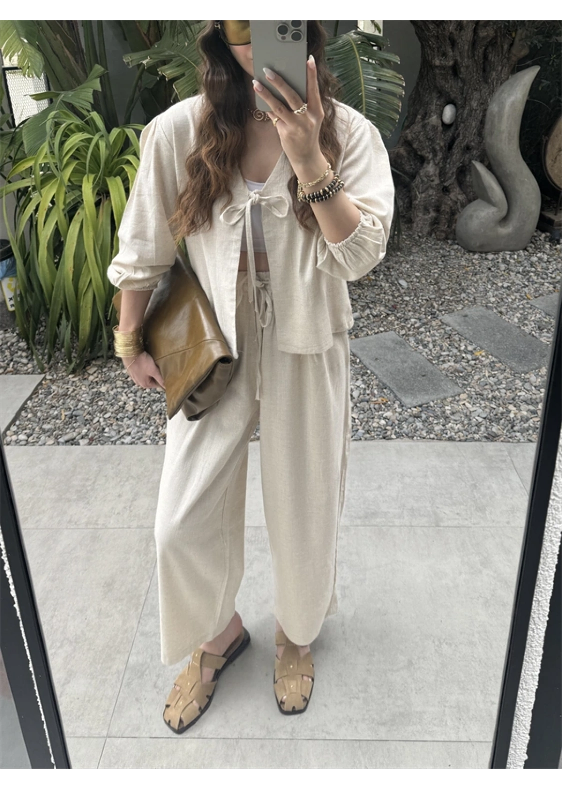 Diana Önü Bağlamalı Kısa Keten Taş Kimono Takım