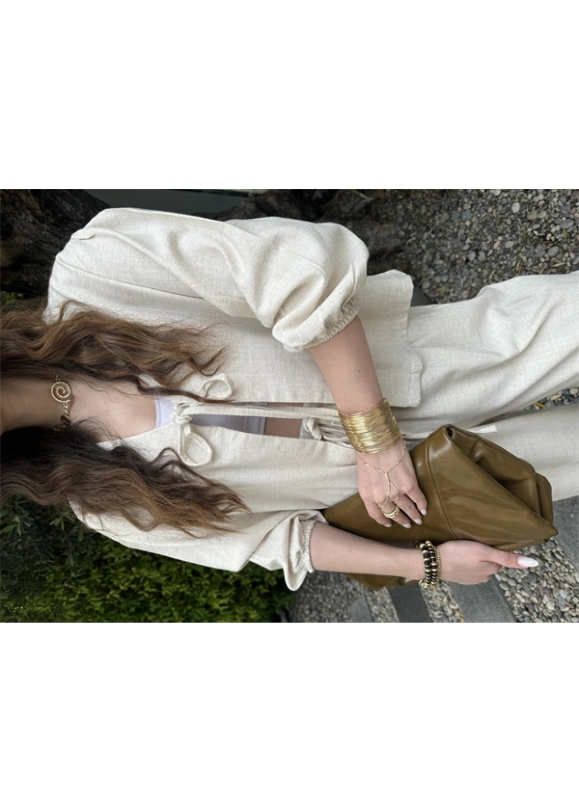 Diana Önü Bağlamalı Kısa Keten Taş Kimono Takım