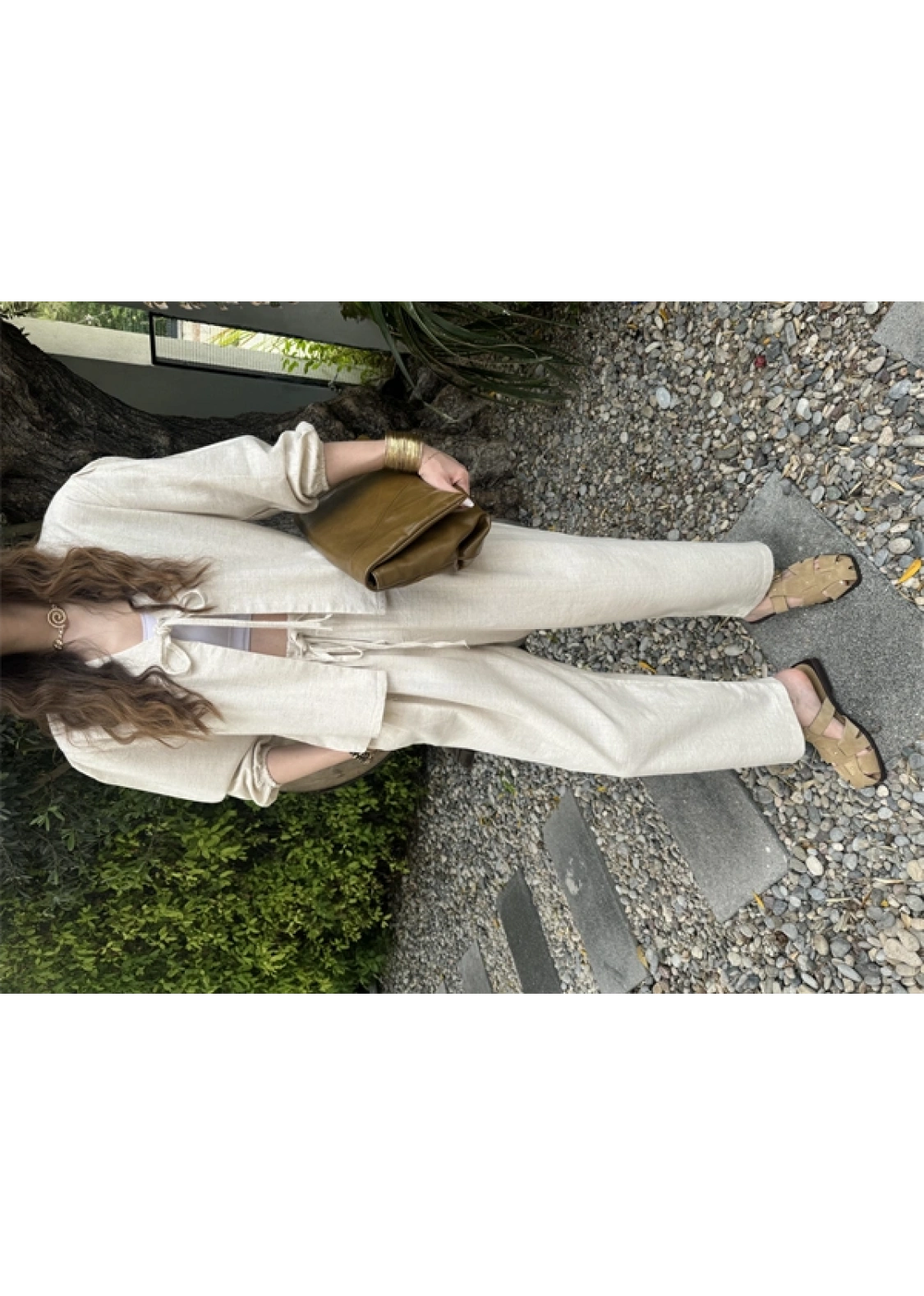 Diana Önü Bağlamalı Kısa Keten Taş Kimono Takım