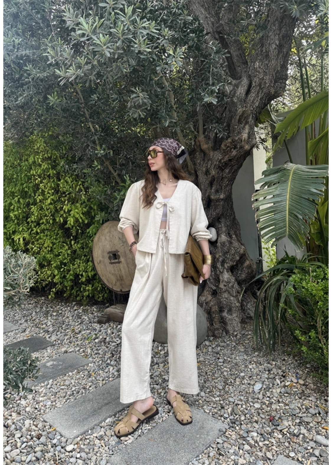 Diana Önü Bağlamalı Kısa Keten Taş Kimono Takım