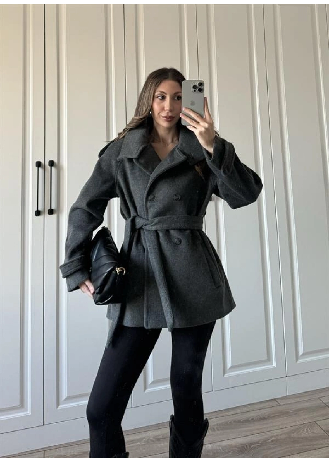 Dik Yaka Kruvaze Kuşaklı Antrasit Yün Kaban