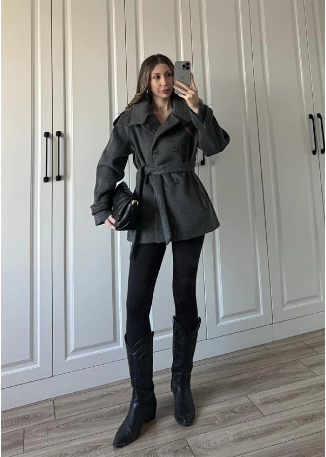 Dik Yaka Kruvaze Kuşaklı Antrasit Yün Kaban