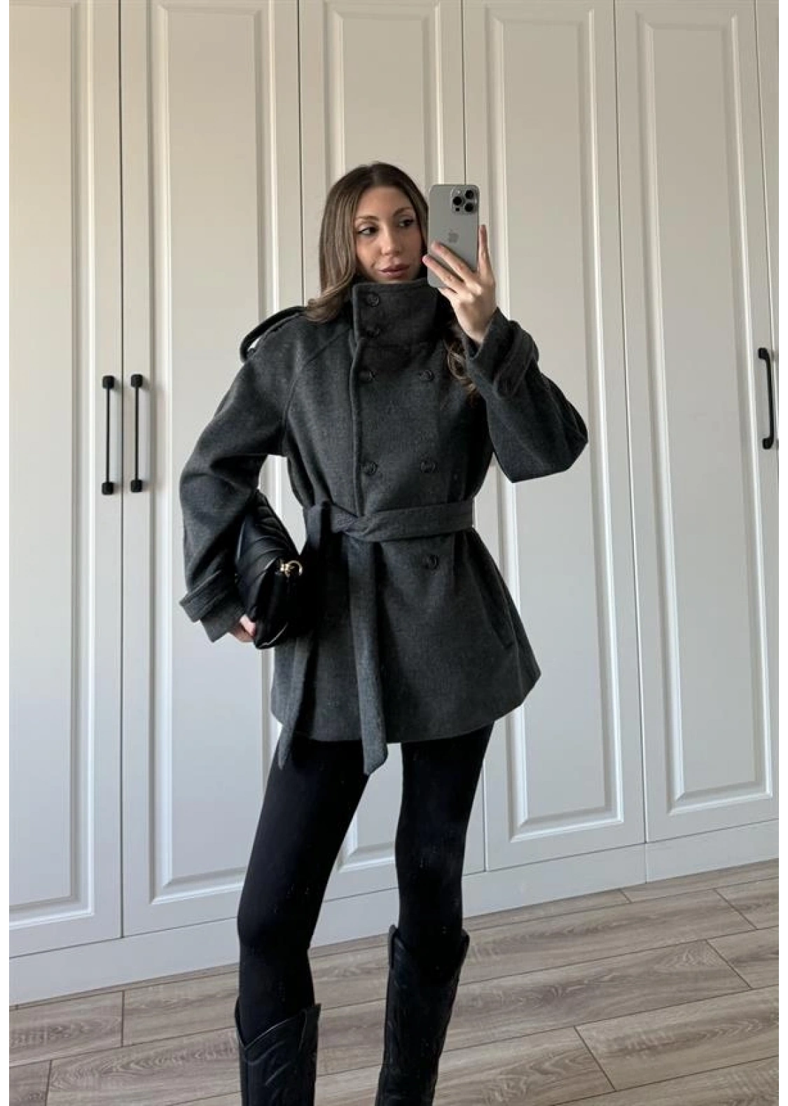 Dik Yaka Kruvaze Kuşaklı Antrasit Yün Kaban