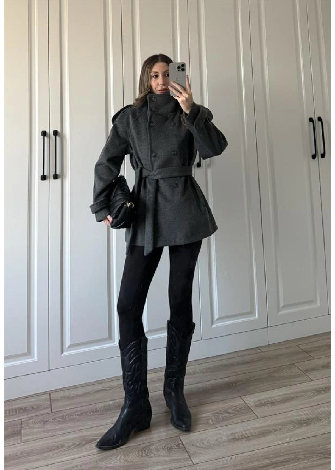 Dik Yaka Kruvaze Kuşaklı Antrasit Yün Kaban