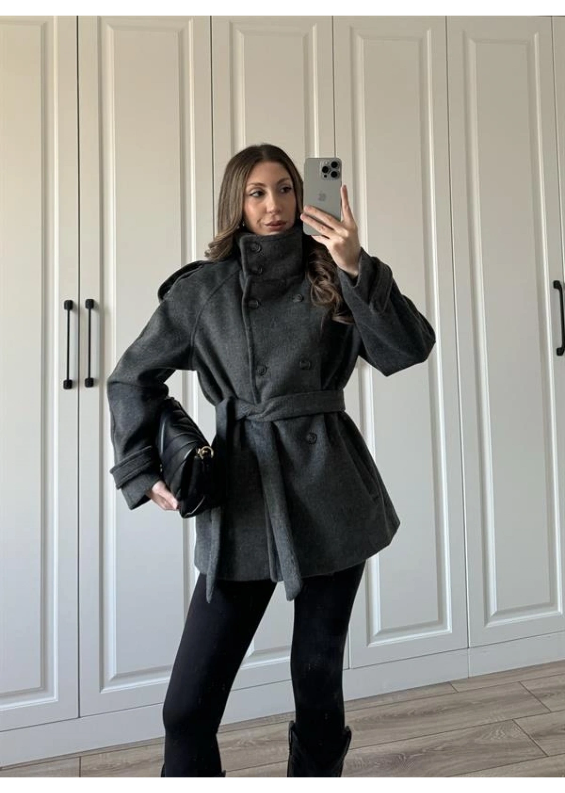 Dik Yaka Kruvaze Kuşaklı Antrasit Yün Kaban