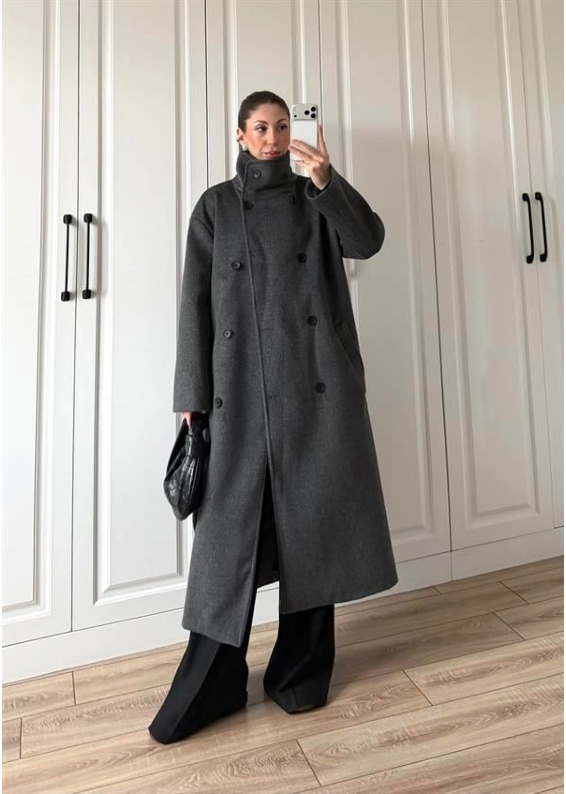 Dik Yaka Kuşaklı Antrasit Yün Kaban