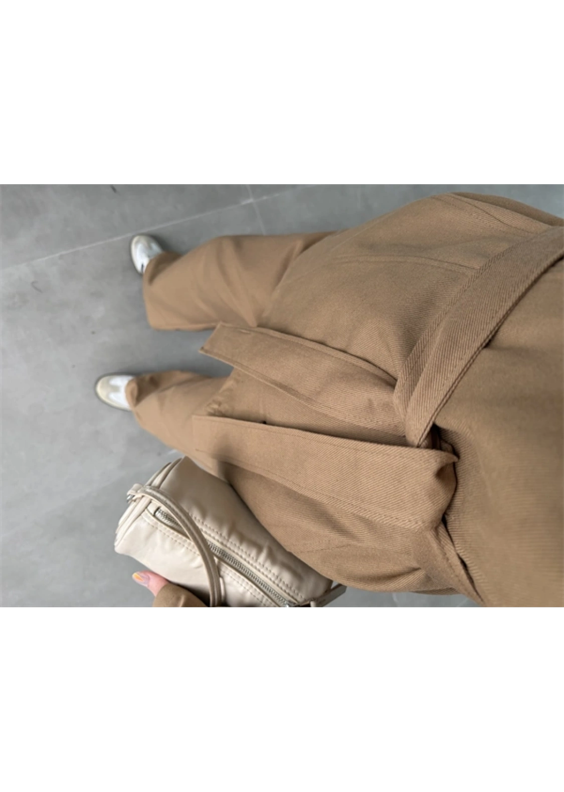 Dik Yaka Kuşaklı Camel Denim Takım