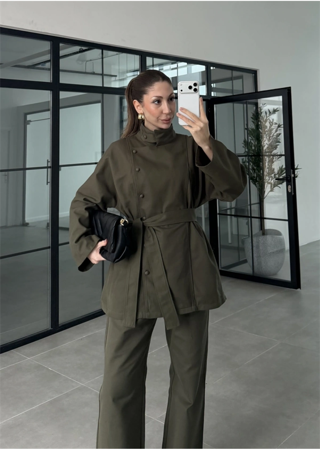 Dik Yaka Kuşaklı Haki Denim Takım