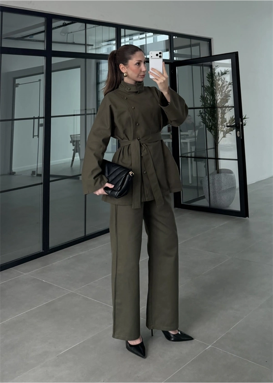 Dik Yaka Kuşaklı Haki Denim Takım