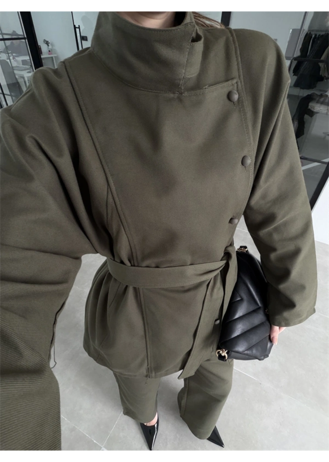 Dik Yaka Kuşaklı Haki Denim Takım