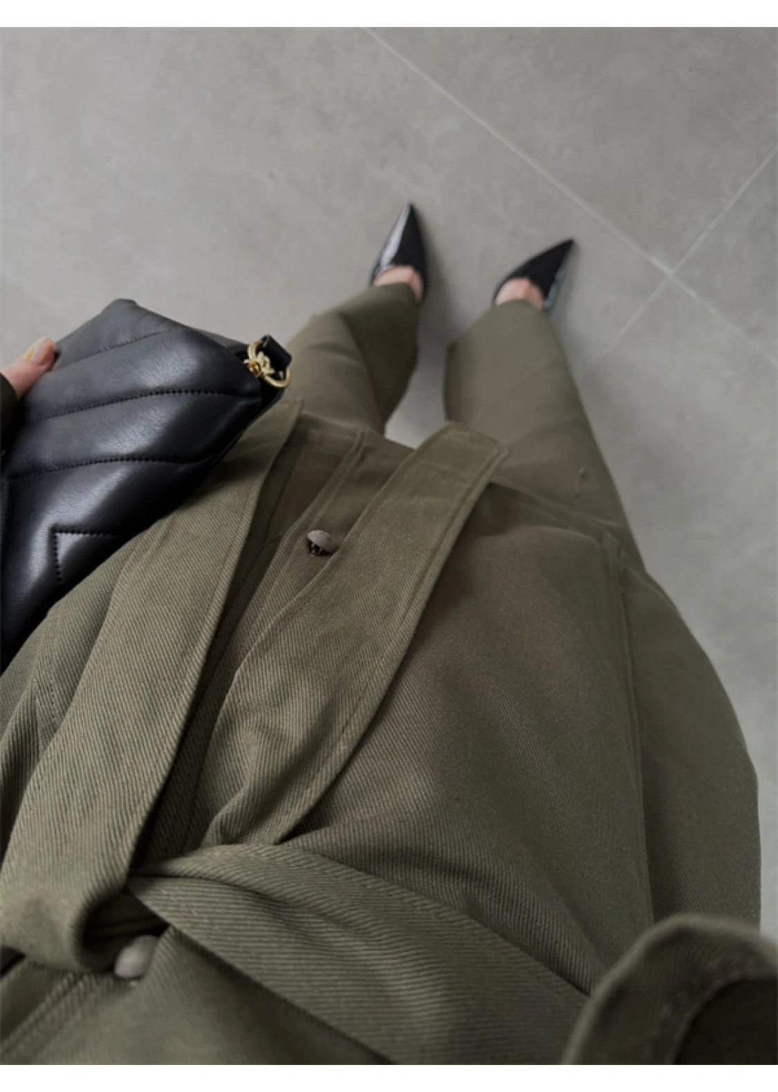 Dik Yaka Kuşaklı Haki Denim Takım