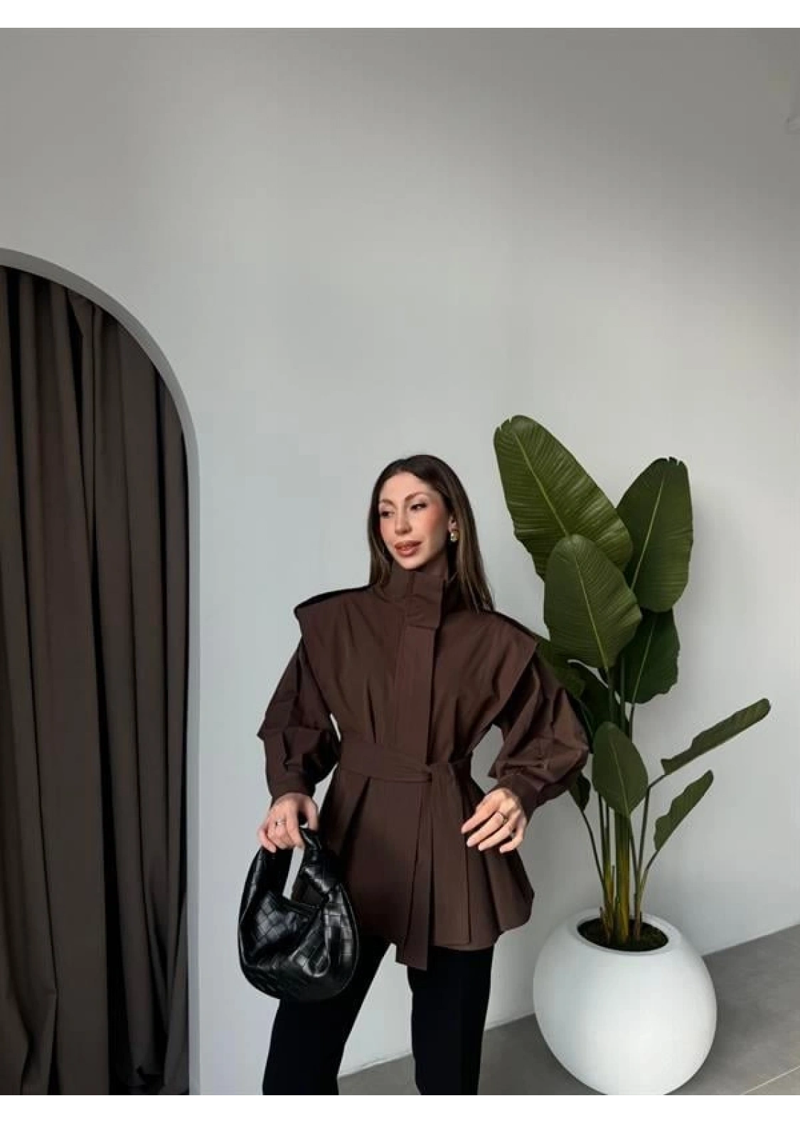 Dik Yaka Kuşaklı Kahve Premium Trençkot