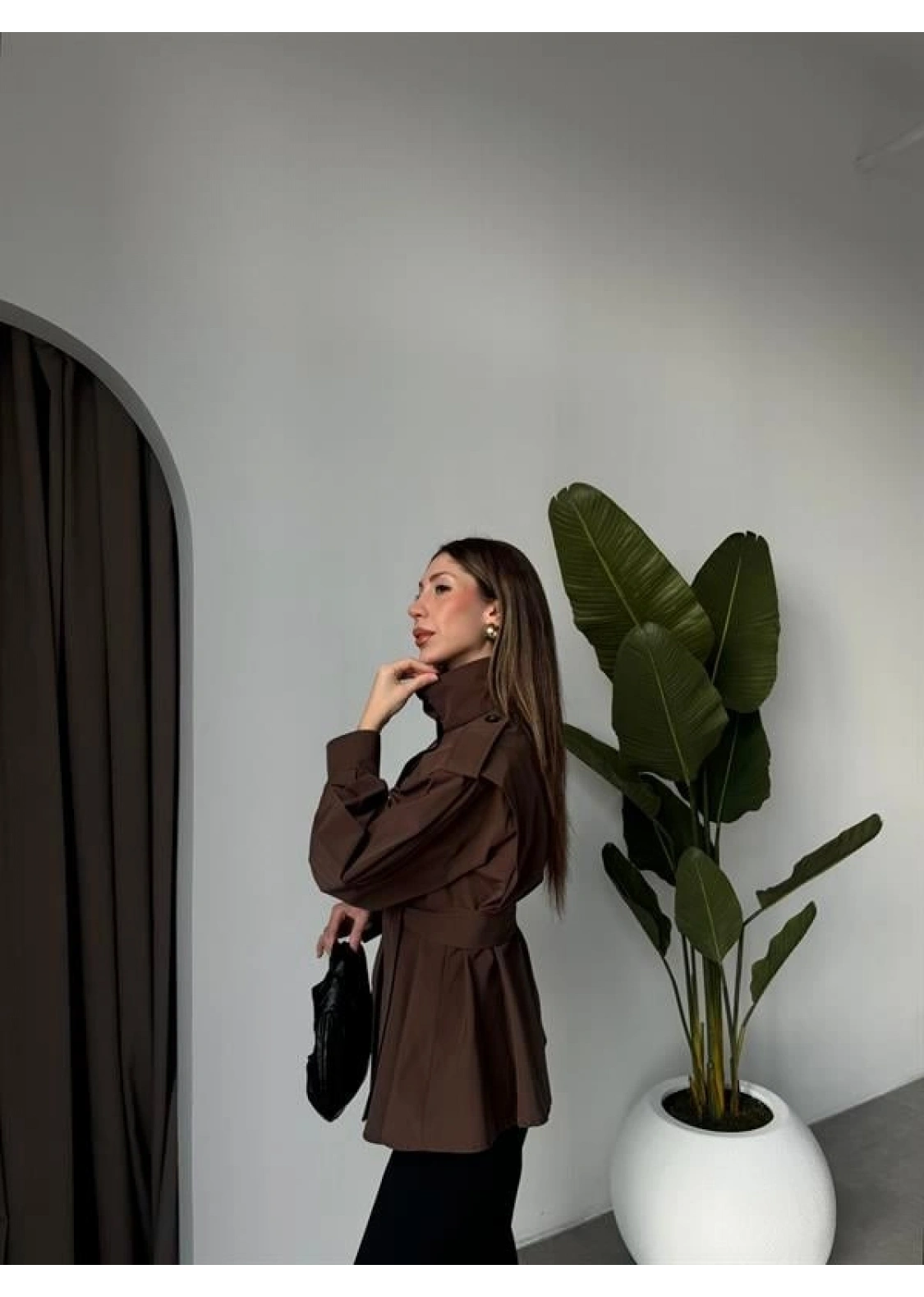 Dik Yaka Kuşaklı Kahve Premium Trençkot