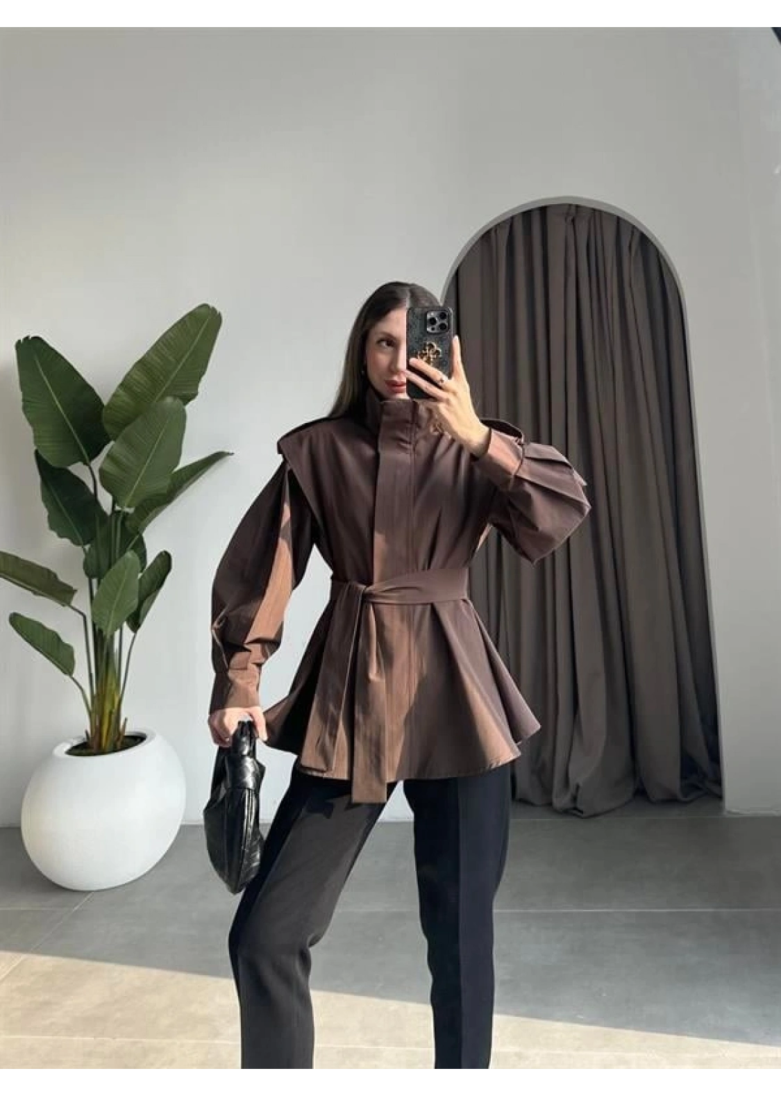 Dik Yaka Kuşaklı Kahve Premium Trençkot