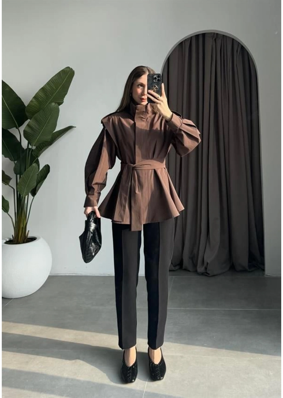 Dik Yaka Kuşaklı Kahve Premium Trençkot