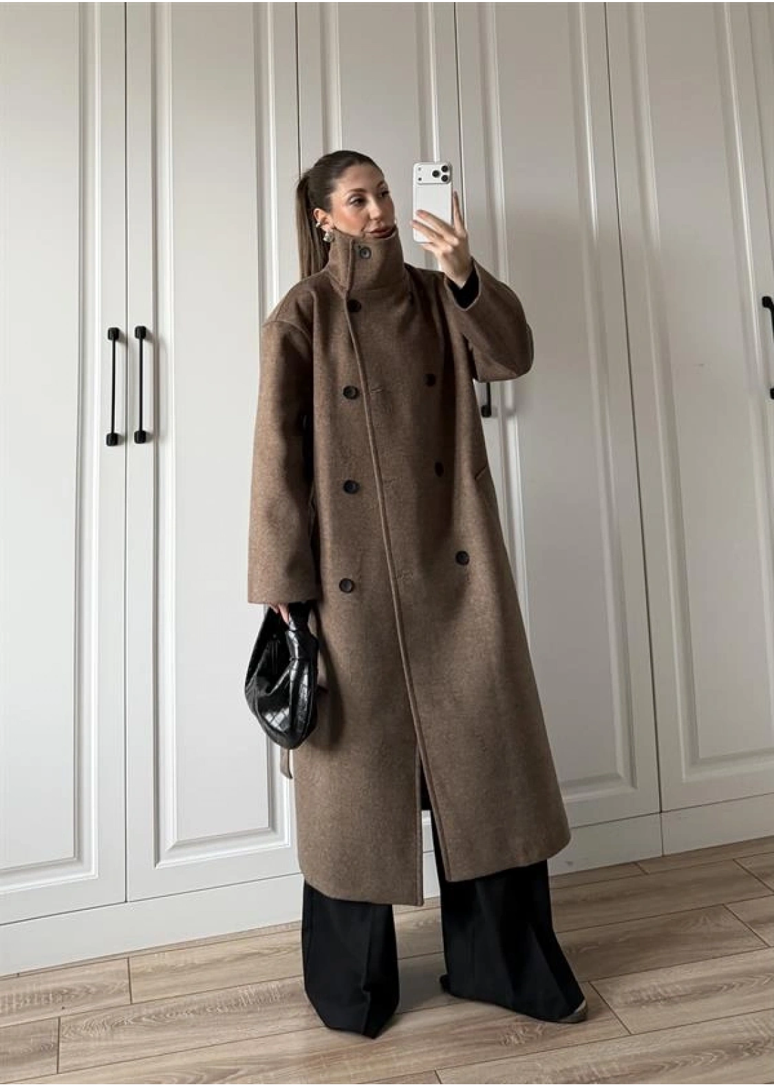 Dik Yaka Kuşaklı Kahve Yün Kaban