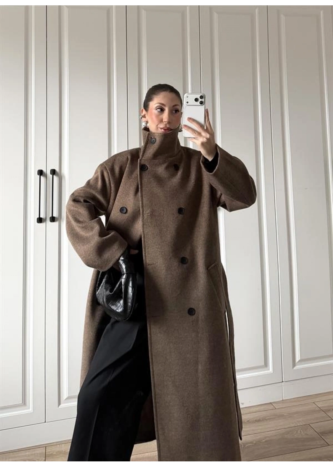 Dik Yaka Kuşaklı Kahve Yün Kaban