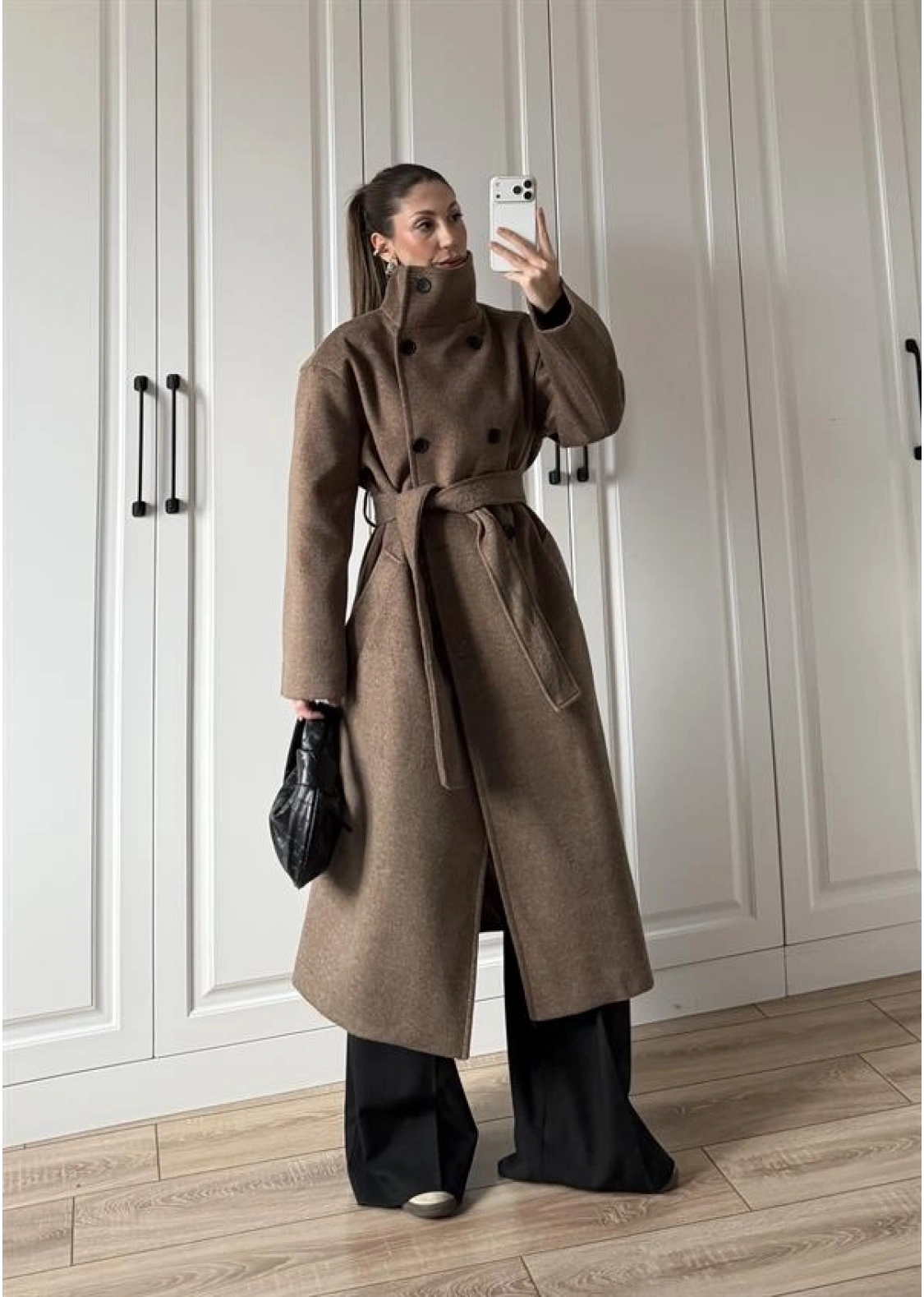 Dik Yaka Kuşaklı Kahve Yün Kaban