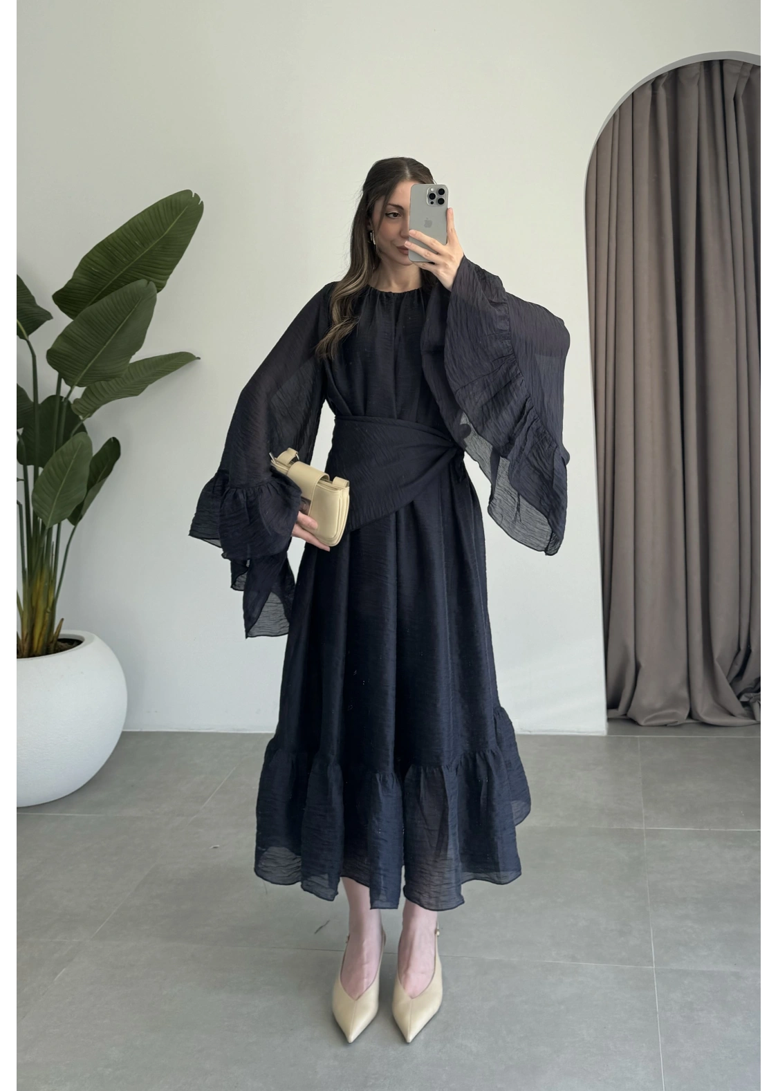 Diva Şallı Büzgülü Lacivert Elbise