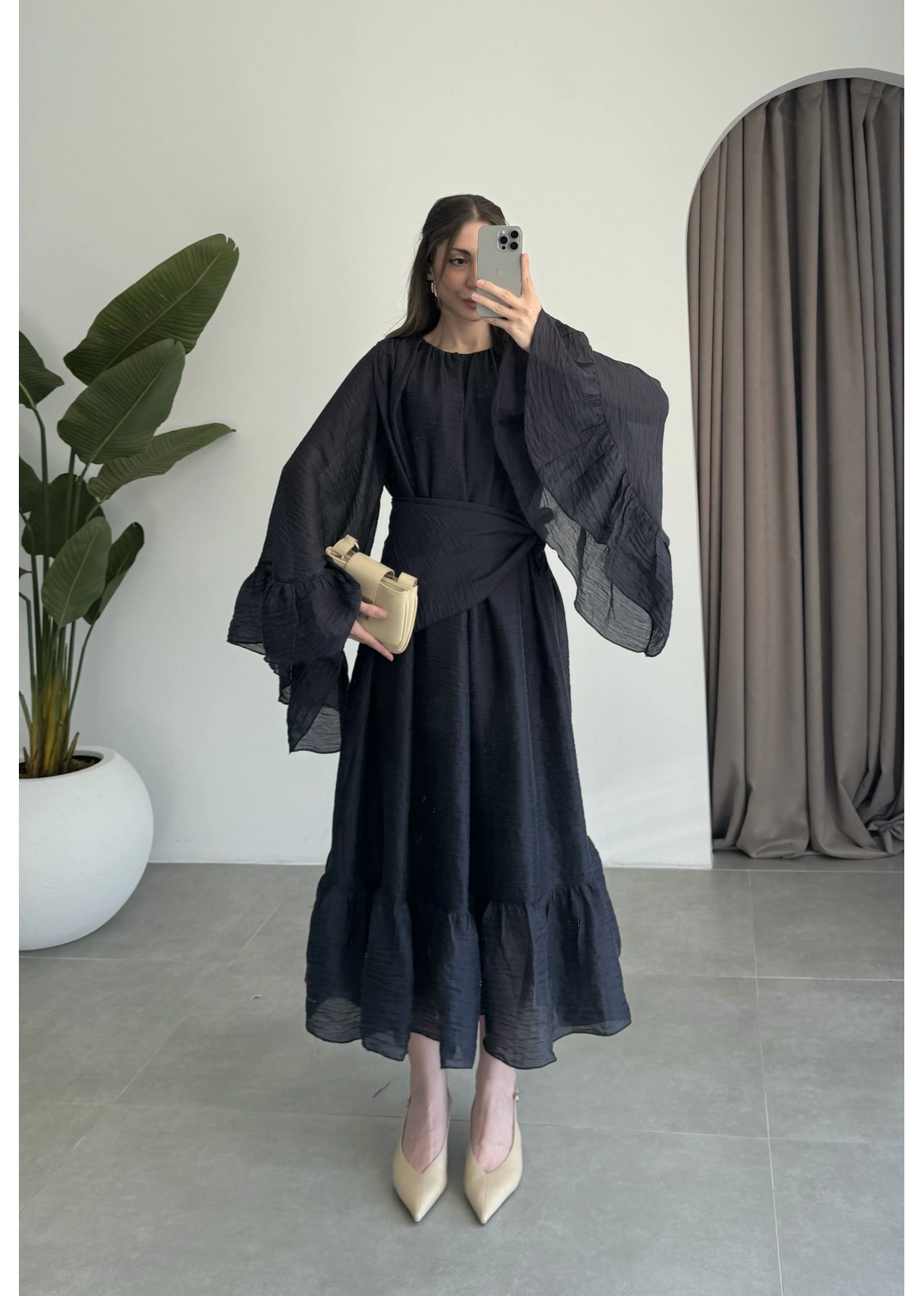 Diva Şallı Büzgülü Lacivert Elbise