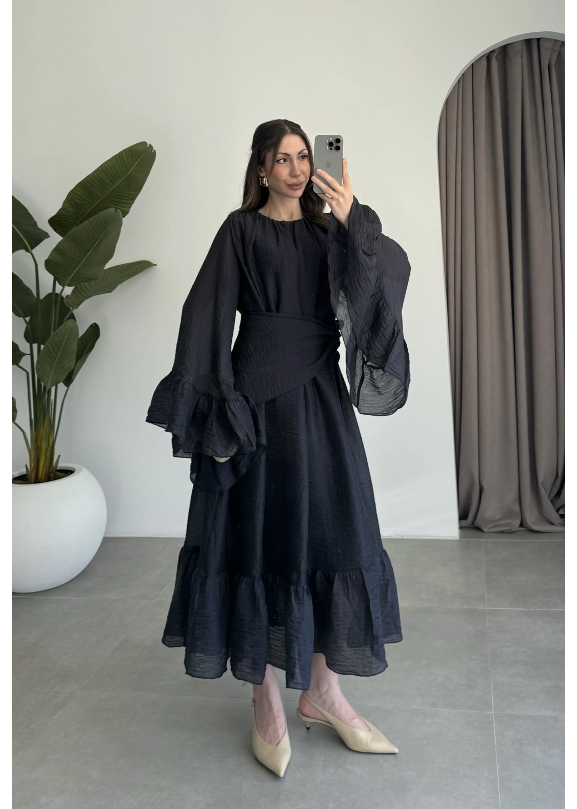 Diva Şallı Büzgülü Lacivert Elbise
