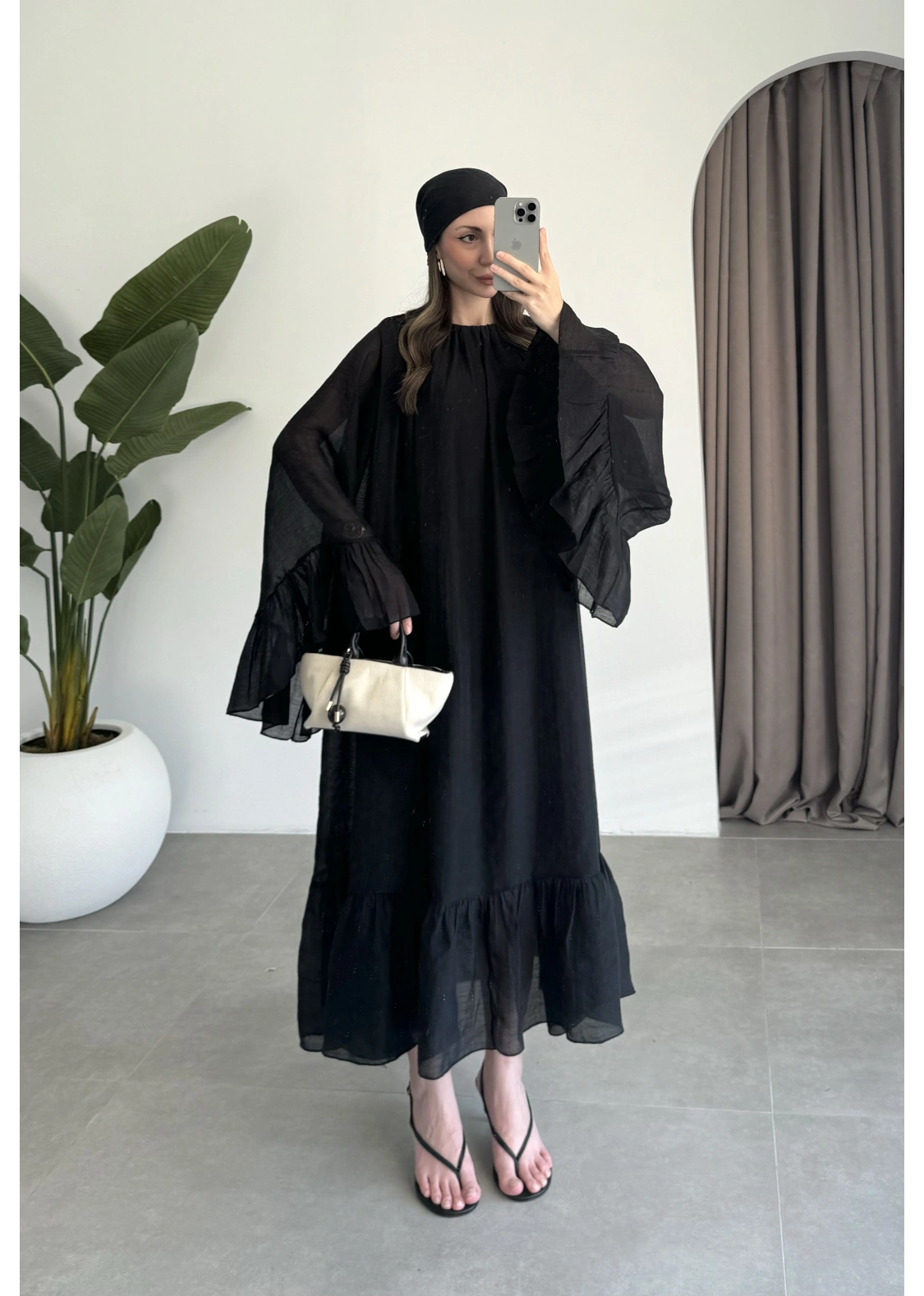 Diva Şallı Büzgülü Siyah Elbise