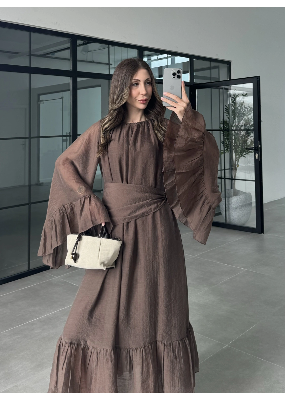 Diva Şallı Büzgülü Kahve Elbise