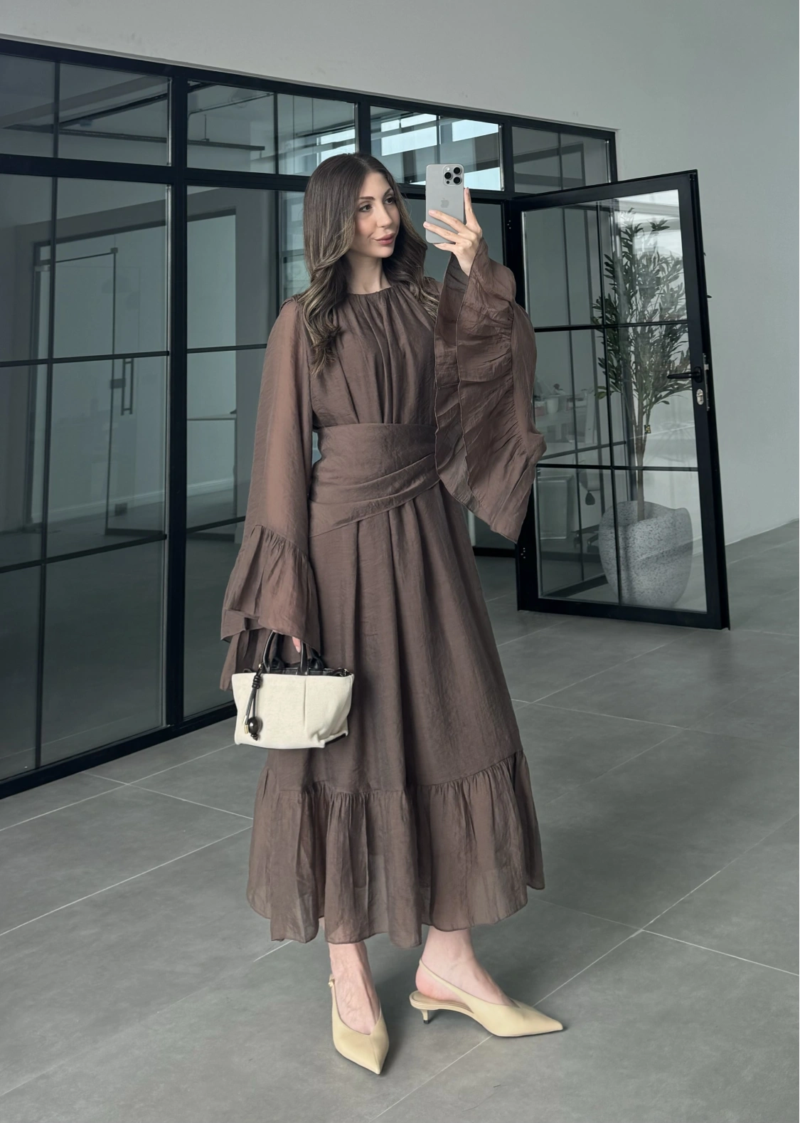 Diva Şallı Büzgülü Kahve Elbise
