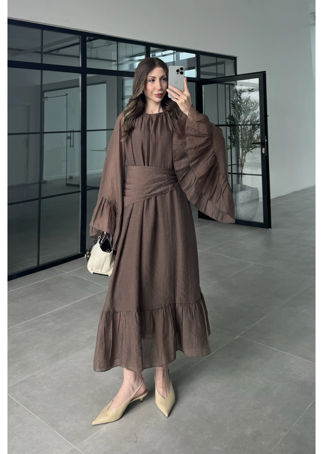 Diva Şallı Büzgülü Kahve Elbise