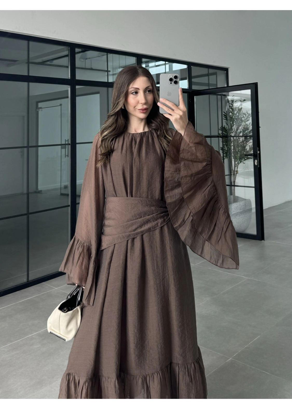 Diva Şallı Büzgülü Kahve Elbise