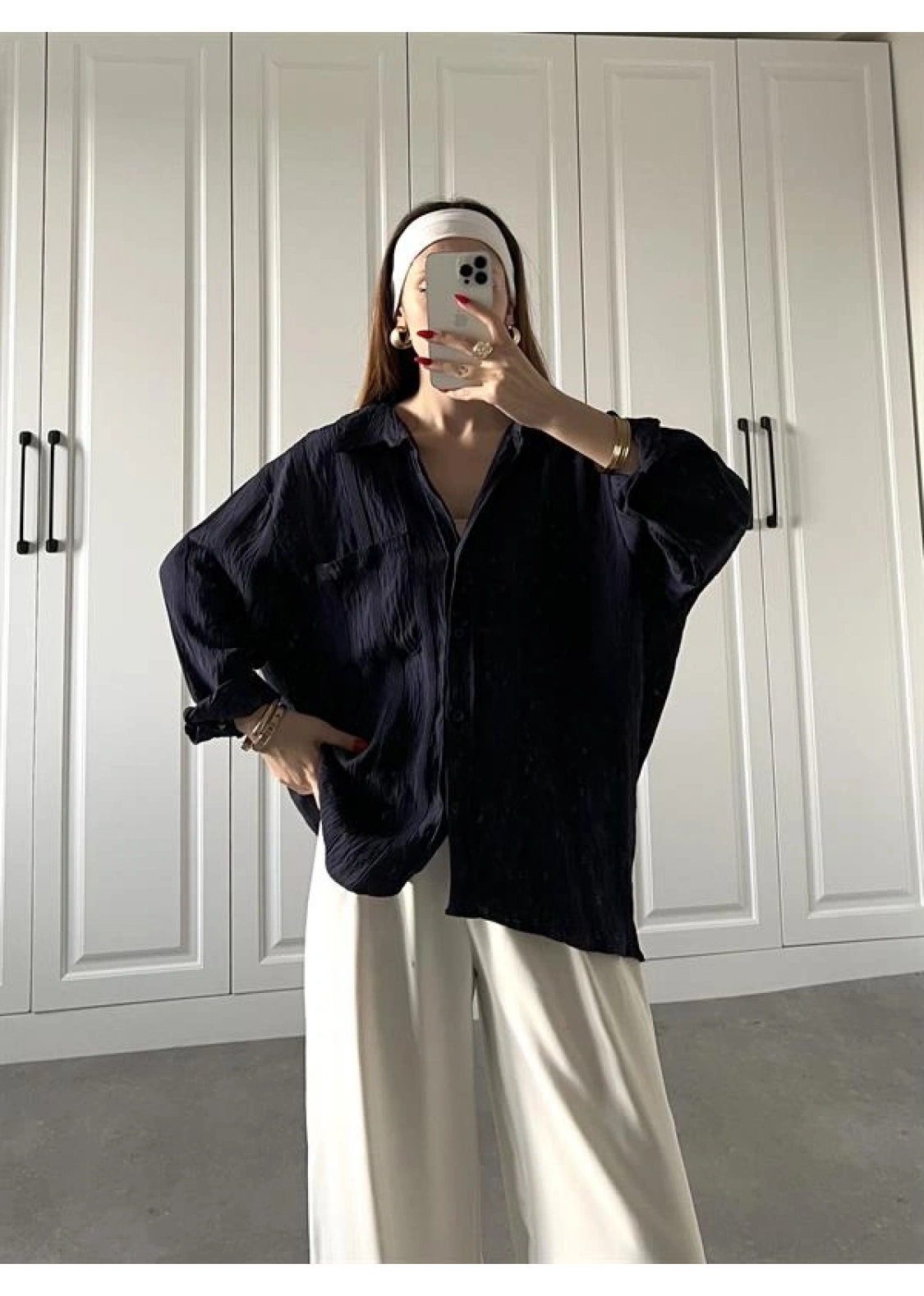 Dora Oversize Lacivert Tensel Gömlek