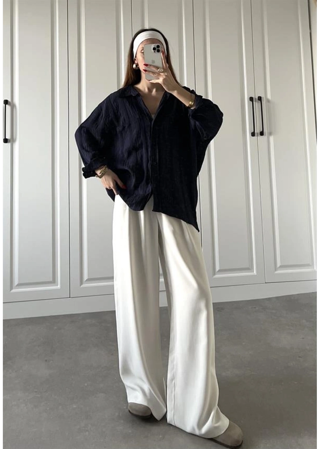 Dora Oversize Lacivert Tensel Gömlek