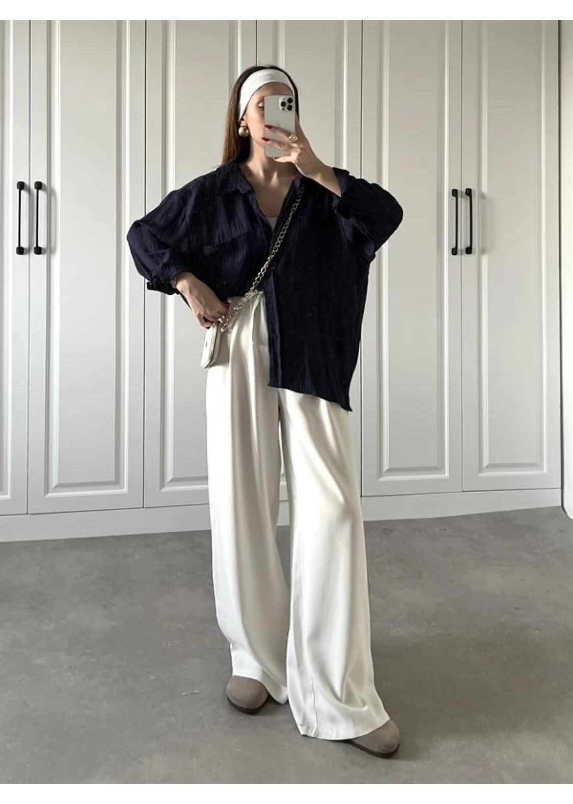 Dora Oversize Lacivert Tensel Gömlek