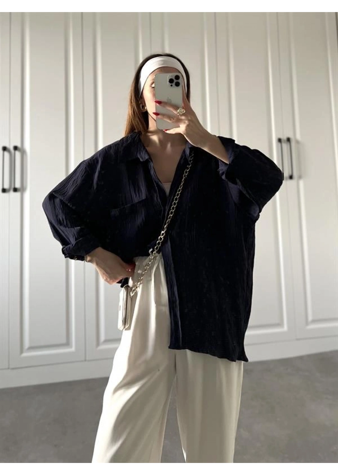 Dora Oversize Lacivert Tensel Gömlek