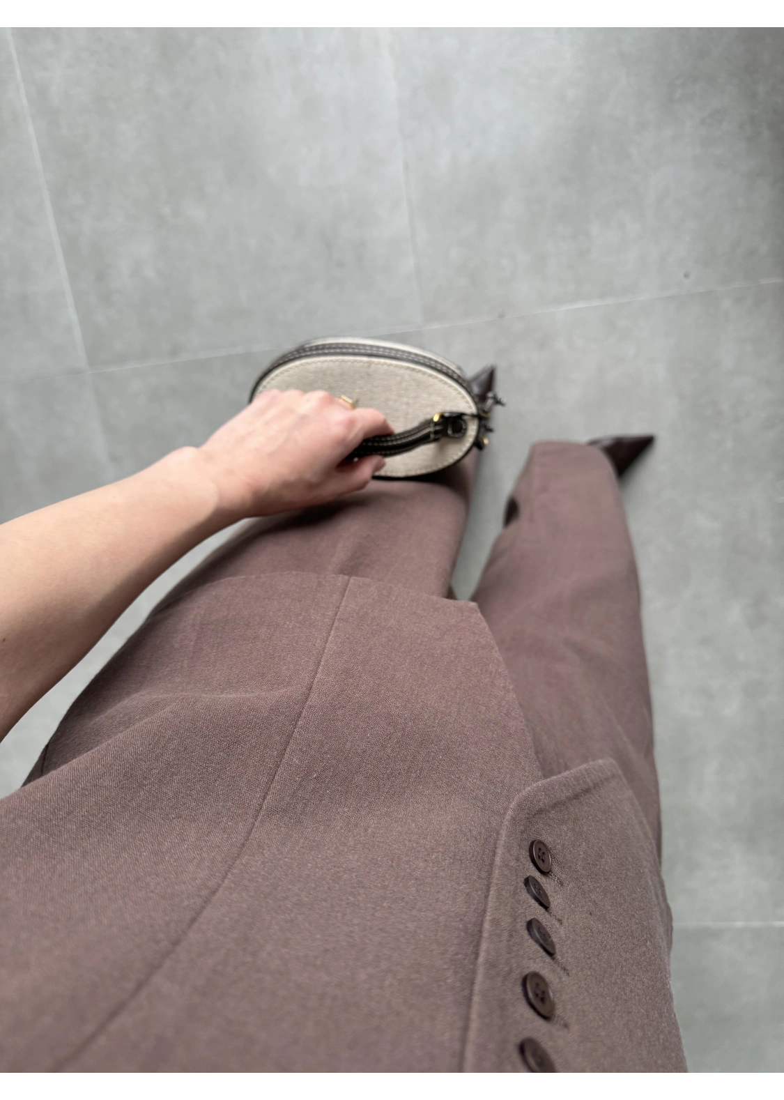 Düğmeli Fit Kahve Keten Takım