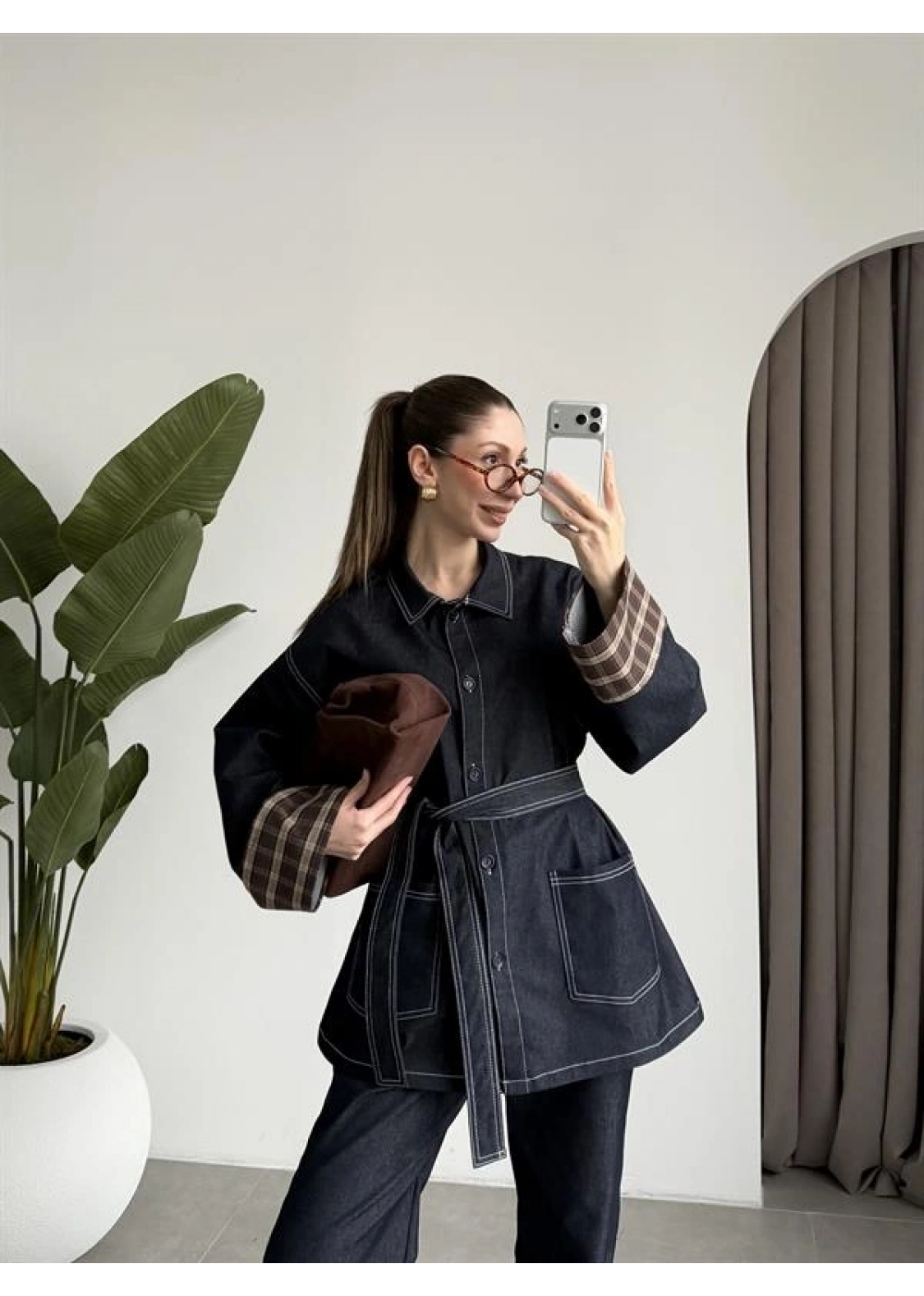 Ekose Bilek Detaylı Premium Kuşaklı Denim Takım