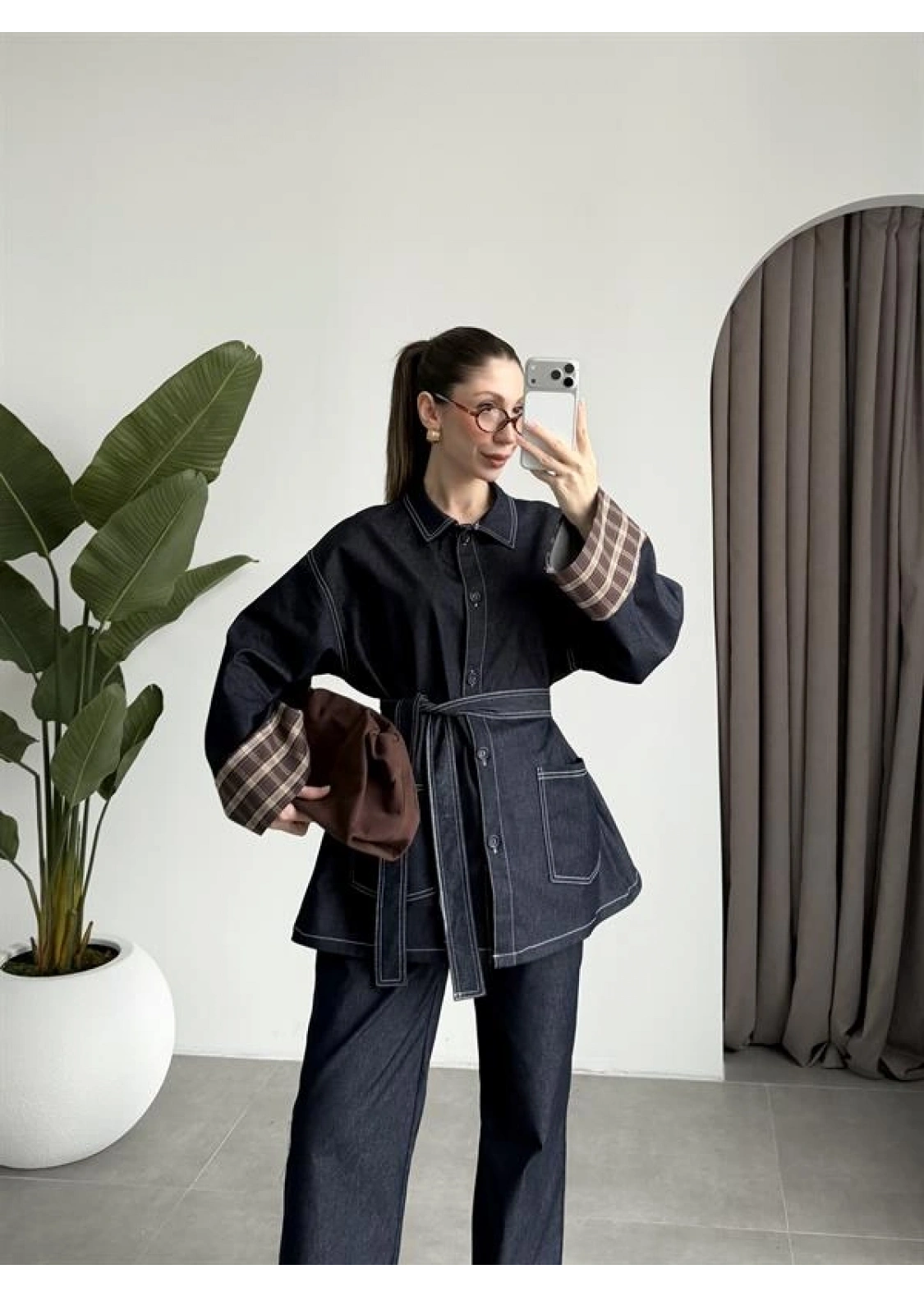 Ekose Bilek Detaylı Premium Kuşaklı Denim Takım