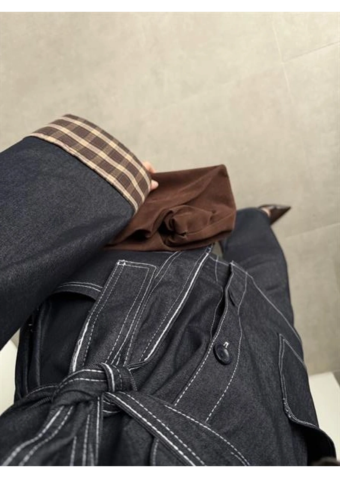 Ekose Bilek Detaylı Premium Kuşaklı Denim Takım