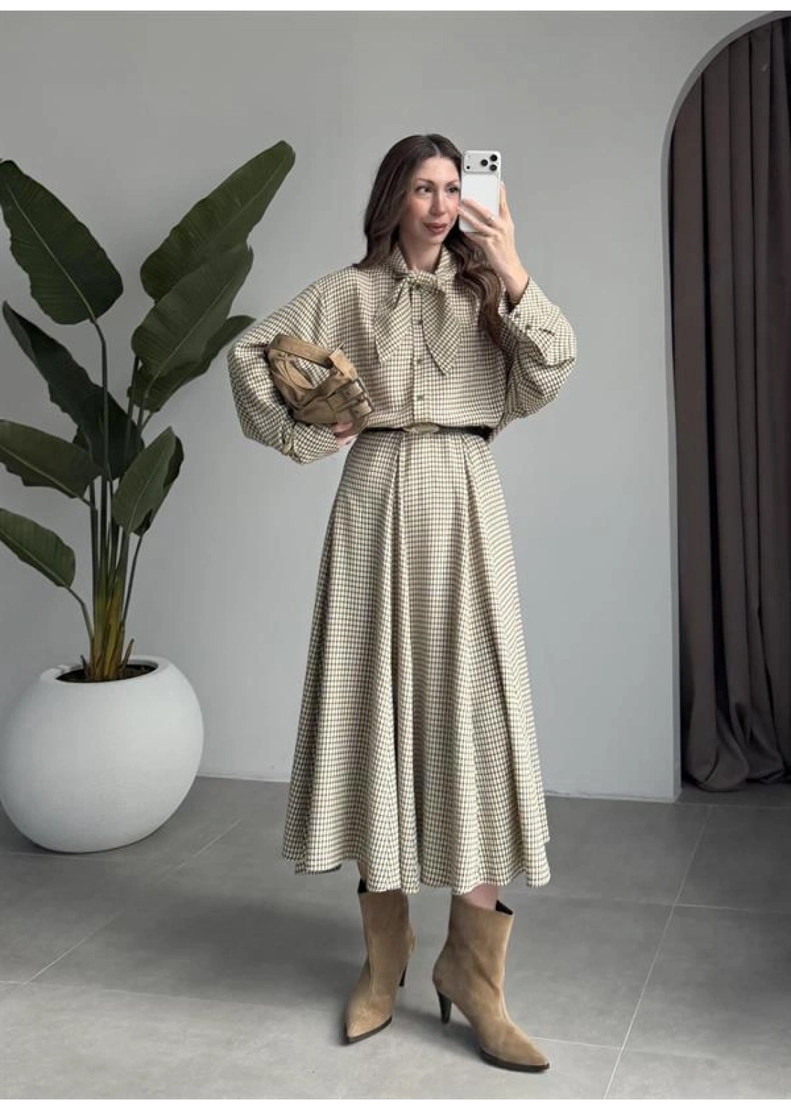 Ekose Fularlı Bej Haki Gömlek Takım